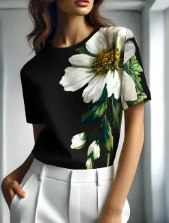 Outlet Women's T Shirt Floral Graphic Plants Vintage Stylish Classic Short Sleeve Crew Neck Round Neck Regular Tops Daily Weekend Print Black Blue Purple Green Gray Summer Spring Women T-Shirts
