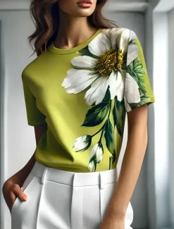 Outlet Women's T Shirt Floral Graphic Plants Vintage Stylish Classic Short Sleeve Crew Neck Round Neck Regular Tops Daily Weekend Print Black Blue Purple Green Gray Summer Spring Women T-Shirts