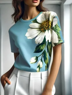 Outlet Women's T Shirt Floral Graphic Plants Vintage Stylish Classic Short Sleeve Crew Neck Round Neck Regular Tops Daily Weekend Print Black Blue Purple Green Gray Summer Spring Women T-Shirts
