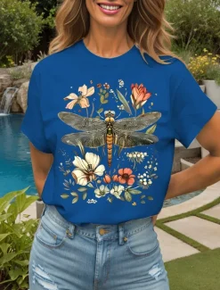 Best Women's T Shirt Floral Graphic Dragonfly Vintage Stylish Classic Short Sleeve Crew Neck Round Neck Regular Tops Daily Weekend Print Black White Yellow Pink Red Summer Spring Women T-Shirts