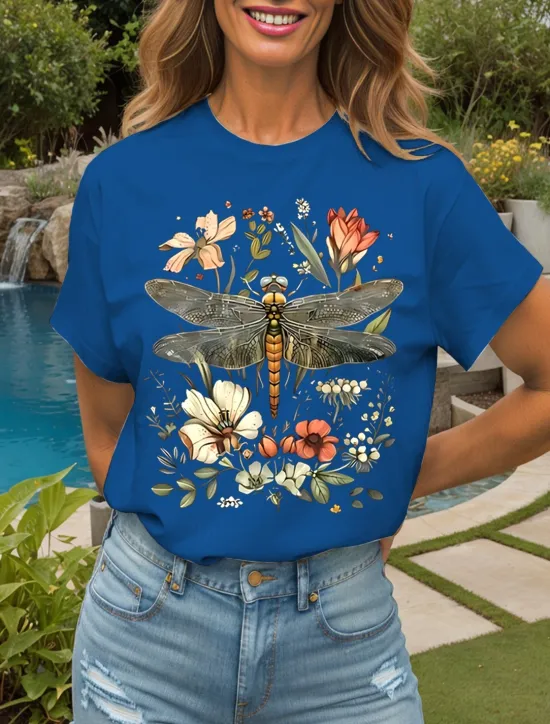 Best Women's T Shirt Floral Graphic Dragonfly Vintage Stylish Classic Short Sleeve Crew Neck Round Neck Regular Tops Daily Weekend Print Black White Yellow Pink Red Summer Spring Women T-Shirts
