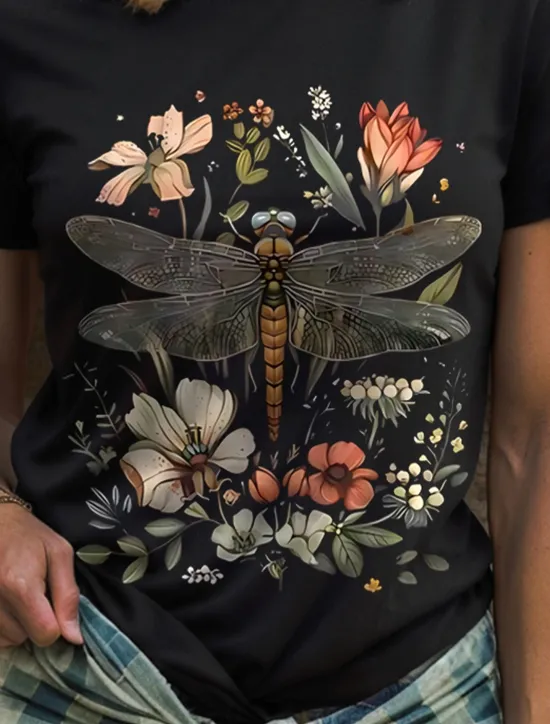 Best Women's T Shirt Floral Graphic Dragonfly Vintage Stylish Classic Short Sleeve Crew Neck Round Neck Regular Tops Daily Weekend Print Black White Yellow Pink Red Summer Spring Women T-Shirts