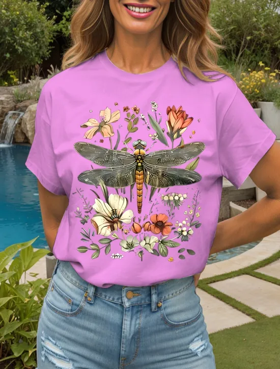 Best Women's T Shirt Floral Graphic Dragonfly Vintage Stylish Classic Short Sleeve Crew Neck Round Neck Regular Tops Daily Weekend Print Black White Yellow Pink Red Summer Spring Women T-Shirts