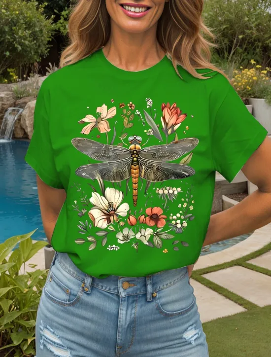 Best Women's T Shirt Floral Graphic Dragonfly Vintage Stylish Classic Short Sleeve Crew Neck Round Neck Regular Tops Daily Weekend Print Black White Yellow Pink Red Summer Spring Women T-Shirts