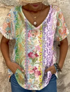 New Women's T Shirt Floral Graphic Geometric Vintage Ethnic Casual Short Sleeve V Neck Regular Tops Daily Weekend Beach Wear Print Blue Purple Summer Spring Women Boho Tops