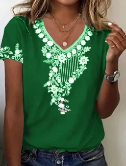 Online Women's T Shirt Floral Graphic Plants Vintage Stylish Classic Short Sleeve V Neck Regular Tops Daily Print Black Wine Green Summer Spring Women T-Shirts