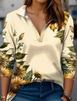 Hot Women's T Shirt Floral Modern Long Sleeve V Neck T Shirt Collar Regular Tops Work Print Black Pink Blue Green Beige Summer Spring Fall Women Spring Tops