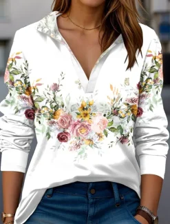 Hot Women's T Shirt Floral Modern Long Sleeve V Neck T Shirt Collar Regular Tops Work Print Black Pink Blue Green Beige Summer Spring Fall Women Spring Tops