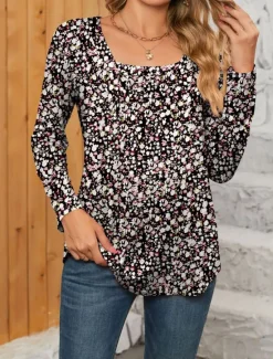 Sale Women's T Shirt Floral Paisley Print Long Sleeve Square Neck Regular Tops Casual Daily Print Black Yellow Pink Blue Green Spring & Fall Women T-Shirts