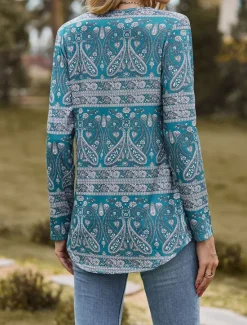 Sale Women's T Shirt Floral Paisley Print Long Sleeve Square Neck Regular Tops Casual Daily Print Black Yellow Pink Blue Green Spring & Fall Women T-Shirts