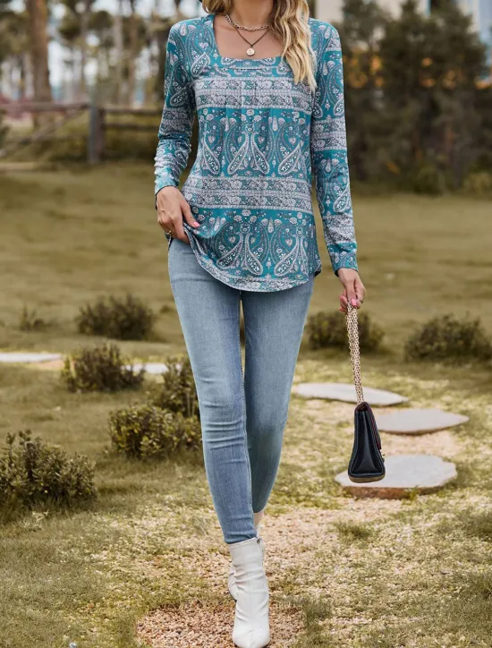 Sale Women's T Shirt Floral Paisley Print Long Sleeve Square Neck Regular Tops Casual Daily Print Black Yellow Pink Blue Green Spring & Fall Women T-Shirts