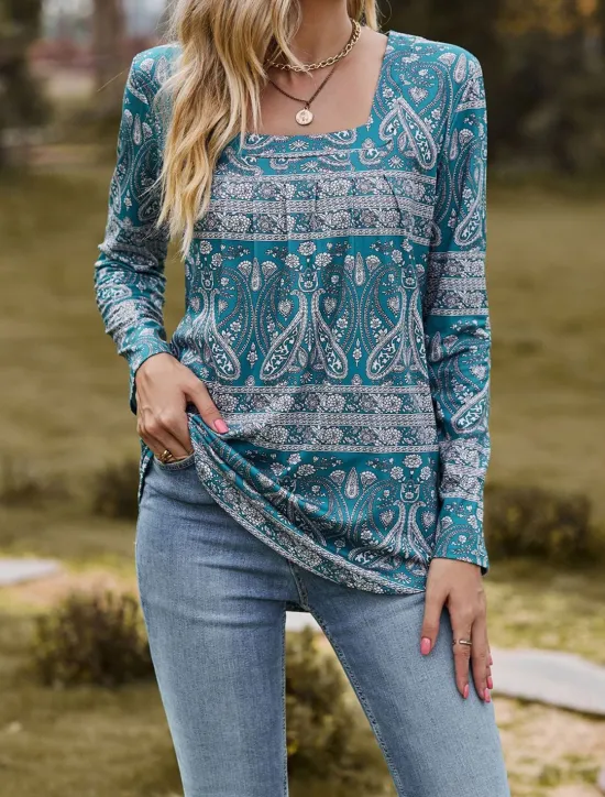 Sale Women's T Shirt Floral Paisley Print Long Sleeve Square Neck Regular Tops Casual Daily Print Black Yellow Pink Blue Green Spring & Fall Women T-Shirts
