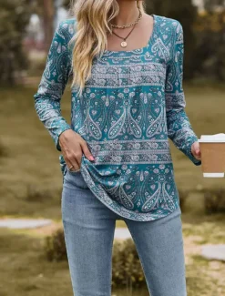 Sale Women's T Shirt Floral Paisley Print Long Sleeve Square Neck Regular Tops Casual Daily Print Black Yellow Pink Blue Green Spring & Fall Women T-Shirts