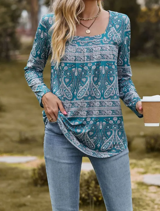 Sale Women's T Shirt Floral Paisley Print Long Sleeve Square Neck Regular Tops Casual Daily Print Black Yellow Pink Blue Green Spring & Fall Women T-Shirts