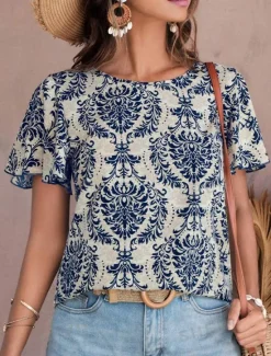 Clearance Women's T Shirt Floral Paisley Fashion Short Sleeve Round Neck Regular Tops Daily Weekend Print White Royal Blue Blue Green Summer Women T-Shirts