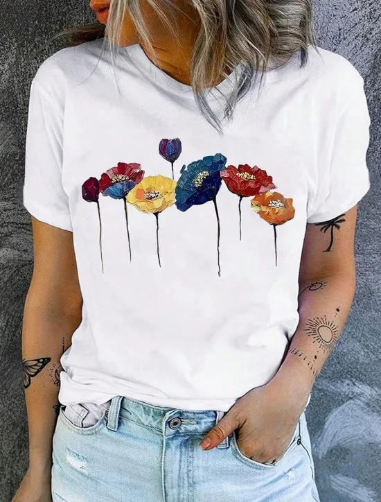 Outlet Women's T Shirt Floral Poppy Casual Short Sleeve Crew Neck Regular Tops Daily Print Summer Women Spring Tops
