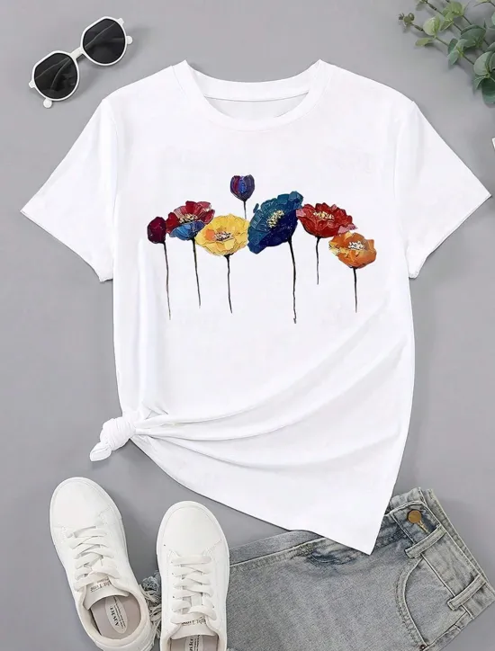 Outlet Women's T Shirt Floral Poppy Casual Short Sleeve Crew Neck Regular Tops Daily Print Summer Women Spring Tops