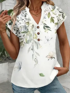 Online Women's T Shirt Floral Ruffle V-Neck Short Sleeve Botanical Print Casual Top Lightweight Breathable Summer Fashion Regular Fit Multi-Size Women Spring Tops