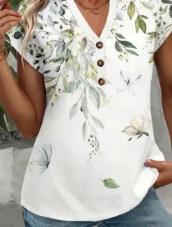 Online Women's T Shirt Floral Ruffle V-Neck Short Sleeve Botanical Print Casual Top Lightweight Breathable Summer Fashion Regular Fit Multi-Size Women Spring Tops