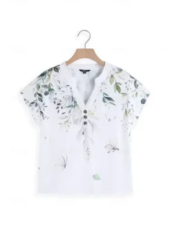 Online Women's T Shirt Floral Ruffle V-Neck Short Sleeve Botanical Print Casual Top Lightweight Breathable Summer Fashion Regular Fit Multi-Size Women Spring Tops