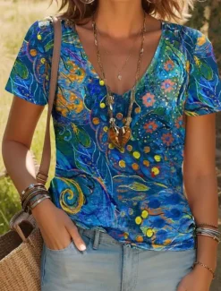 Online Women's T Shirt Floral Stylish Casual Short Sleeve V Neck Regular Tops Daily Print Wine Blue Purple Rainbow Beige Summer Women Spring Tops