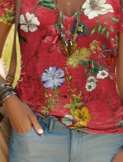 Online Women's T Shirt Floral Stylish Casual Short Sleeve V Neck Regular Tops Daily Print Wine Blue Purple Rainbow Beige Summer Women Spring Tops