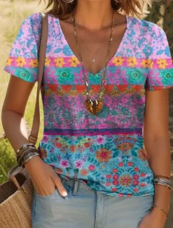 Online Women's T Shirt Floral Stylish Casual Short Sleeve V Neck Regular Tops Daily Print Wine Blue Purple Rainbow Beige Summer Women Spring Tops