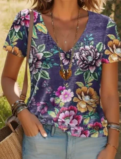 Online Women's T Shirt Floral Stylish Casual Short Sleeve V Neck Regular Tops Daily Print Wine Blue Purple Rainbow Beige Summer Women Spring Tops