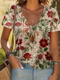 Online Women's T Shirt Floral Stylish Casual Short Sleeve V Neck Regular Tops Daily Print Wine Blue Purple Rainbow Beige Summer Women Spring Tops