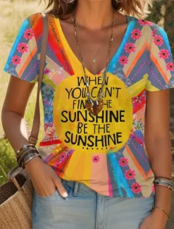 Online Women's T Shirt Floral Stylish Casual Short Sleeve V Neck Regular Tops Daily Print Wine Blue Purple Rainbow Beige Summer Women Spring Tops