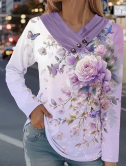Sale Women's T Shirt Floral Stylish Casual Long Sleeve V Neck Regular Tops Daily Buttons Print Spring Fall Women Spring Tops