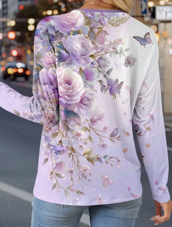 Sale Women's T Shirt Floral Stylish Casual Long Sleeve V Neck Regular Tops Daily Buttons Print Spring Fall Women Spring Tops