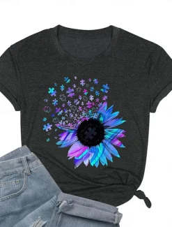 Online Women's T Shirt Floral Sunflower Casual Short Sleeve Crew Neck Regular Tops Daily Print Summer Women T-Shirts