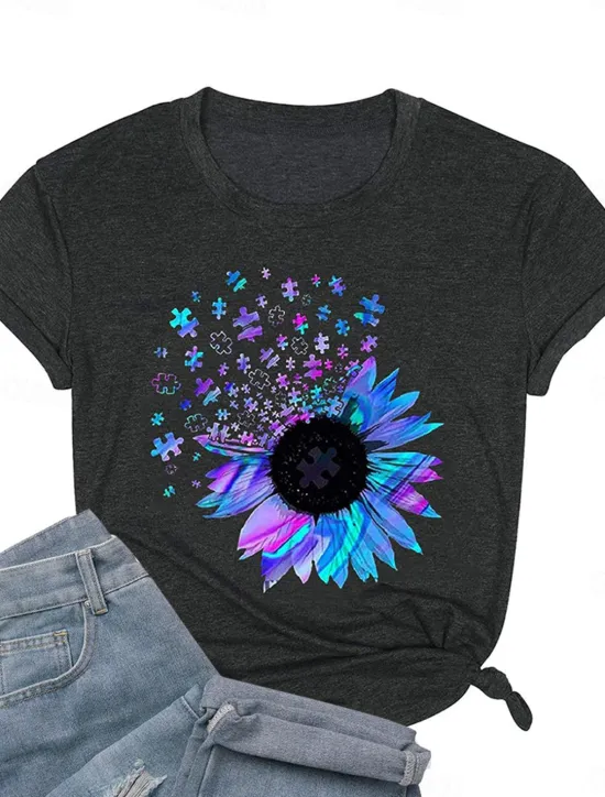 Online Women's T Shirt Floral Sunflower Casual Short Sleeve Crew Neck Regular Tops Daily Print Summer Women T-Shirts
