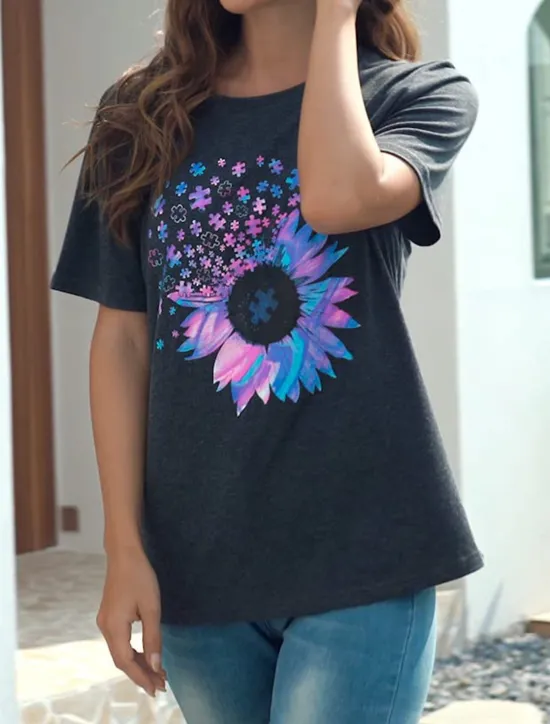 Online Women's T Shirt Floral Sunflower Casual Short Sleeve Crew Neck Regular Tops Daily Print Summer Women T-Shirts