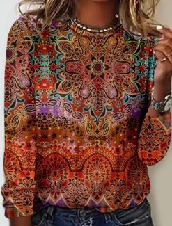 Hot Women's T Shirt Floral Tribal Fashion Modern Long Sleeve Crew Neck Regular Tops Daily Print Orange Brown Gray Summer Women T-Shirts|Boho Tops
