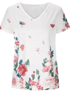 Women's T Shirt Flowers Stylish Basic Casual Short Sleeve Butterfly Sleeve V Neck Regular Tops Daily Sports Going out Print Black White Green Gray Summer Spring Women Women's Tops