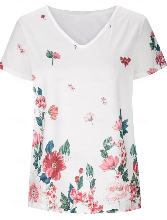 Women's T Shirt Flowers Stylish Basic Casual Short Sleeve Butterfly Sleeve V Neck Regular Tops Daily Sports Going out Print Black White Green Gray Summer Spring Women Women's Tops