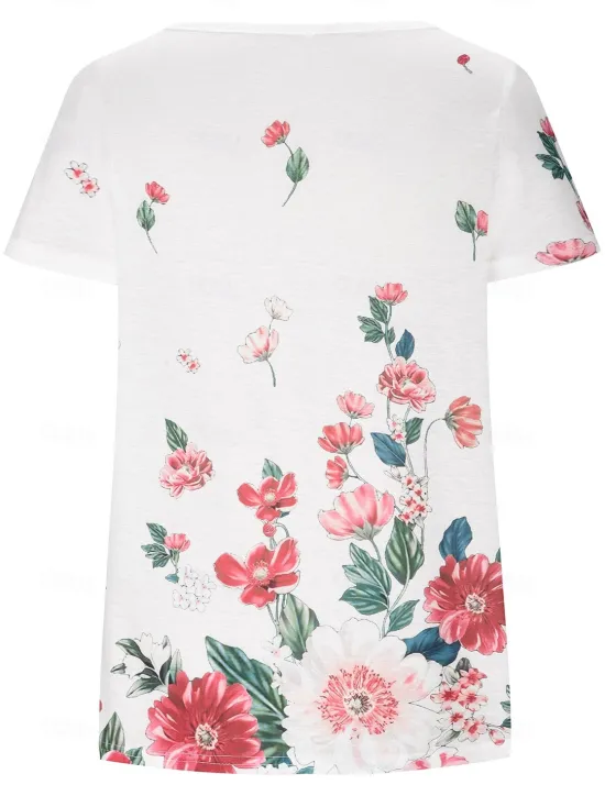 Women's T Shirt Flowers Stylish Basic Casual Short Sleeve Butterfly Sleeve V Neck Regular Tops Daily Sports Going out Print Black White Green Gray Summer Spring Women Women's Tops