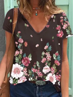 Women's T Shirt Flowers Stylish Basic Casual Short Sleeve Butterfly Sleeve V Neck Regular Tops Daily Sports Going out Print Black White Green Gray Summer Spring Women Women's Tops