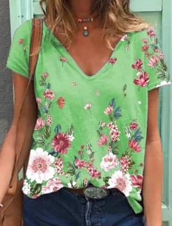 Women's T Shirt Flowers Stylish Basic Casual Short Sleeve Butterfly Sleeve V Neck Regular Tops Daily Sports Going out Print Black White Green Gray Summer Spring Women Women's Tops