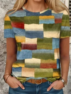 Clearance Women's T Shirt Geometric Casual Short Sleeve Round Neck Regular Tops Daily Print Summer Women Spring Tops