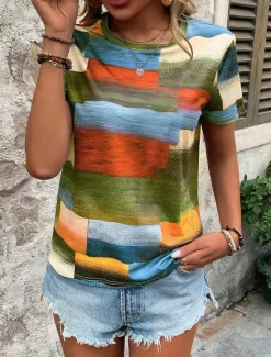 Clearance Women's T Shirt Geometric Casual Short Sleeve Round Neck Regular Tops Daily Print Summer Women Spring Tops
