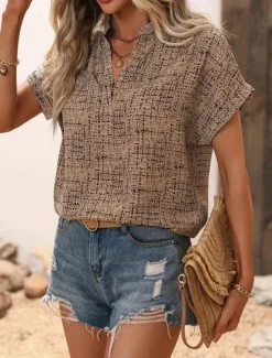 Discount Women's T Shirt Geometric Fashion Modern Casual Short Sleeve Notched Neck Regular Tops Daily Weekend Print White Khaki Summer Spring Women Boho Tops