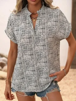 Discount Women's T Shirt Geometric Fashion Modern Casual Short Sleeve Notched Neck Regular Tops Daily Weekend Print White Khaki Summer Spring Women Boho Tops