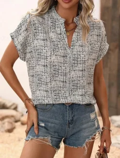 Discount Women's T Shirt Geometric Fashion Modern Casual Short Sleeve Notched Neck Regular Tops Daily Weekend Print White Khaki Summer Spring Women Boho Tops