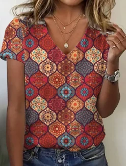 Best Women's T Shirt Geometric Vintage Stylish Casual Short Sleeve V Neck Regular Tops Daily Buttons Print Summer Spring Women Boho Tops