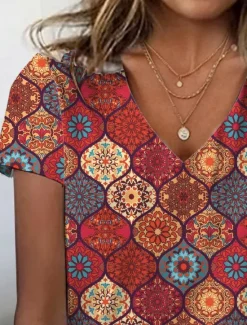 Best Women's T Shirt Geometric Vintage Stylish Casual Short Sleeve V Neck Regular Tops Daily Buttons Print Summer Spring Women Boho Tops