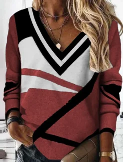 Women's T Shirt Geometric Fashion Modern Casual Long Sleeve V Neck Regular Tops Daily Weekend Print Red Blue Gray Fall Winter Women T-Shirts
