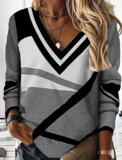 Women's T Shirt Geometric Fashion Modern Casual Long Sleeve V Neck Regular Tops Daily Weekend Print Red Blue Gray Fall Winter Women T-Shirts